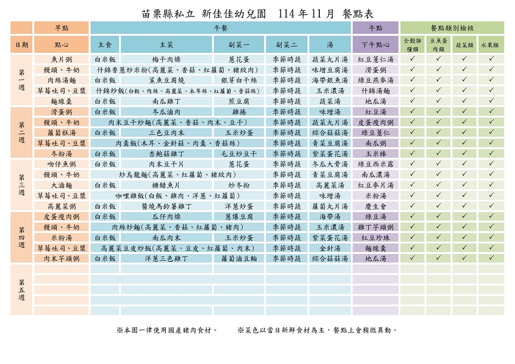 114年11月份餐點表