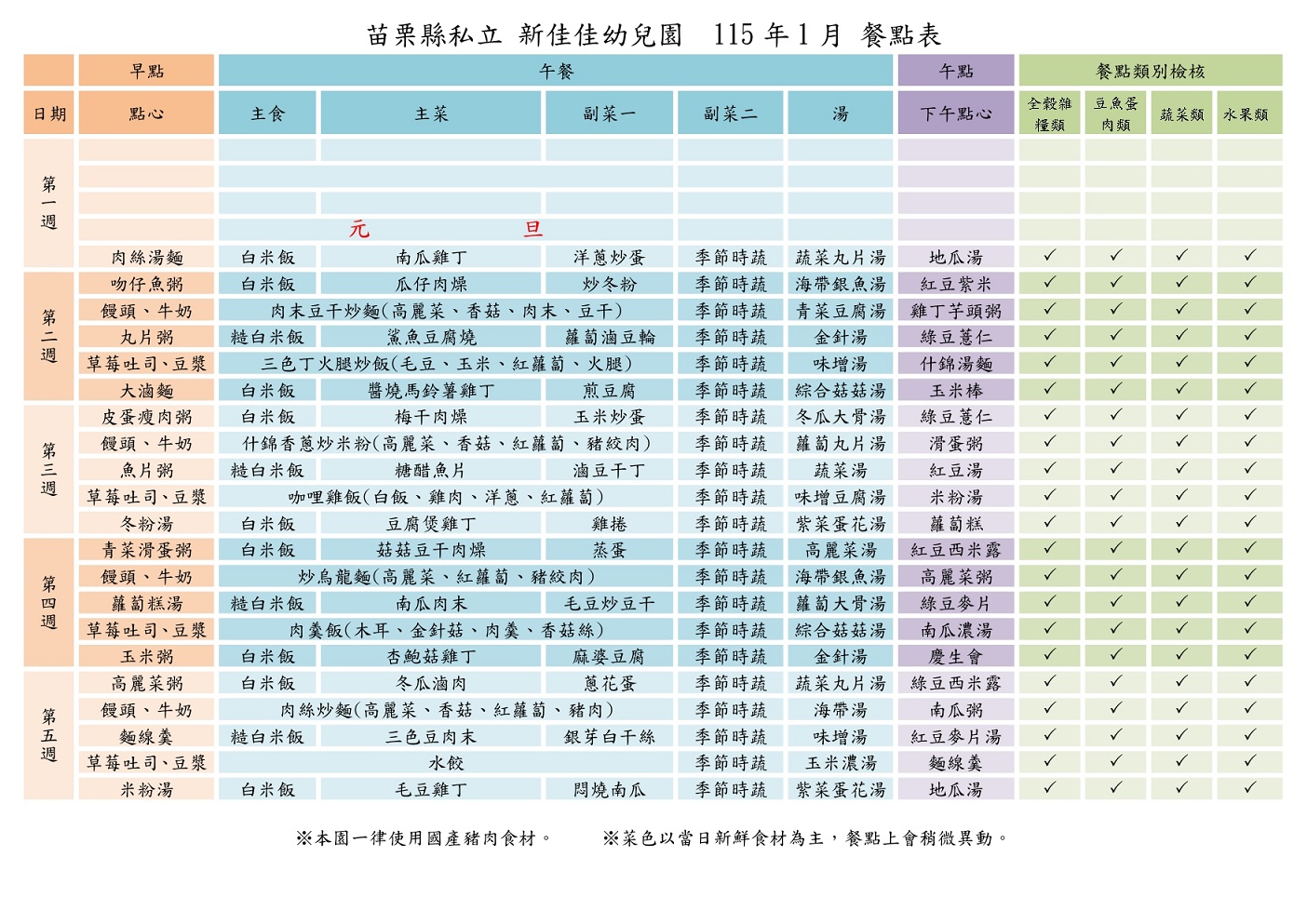 115年1月份餐點表
