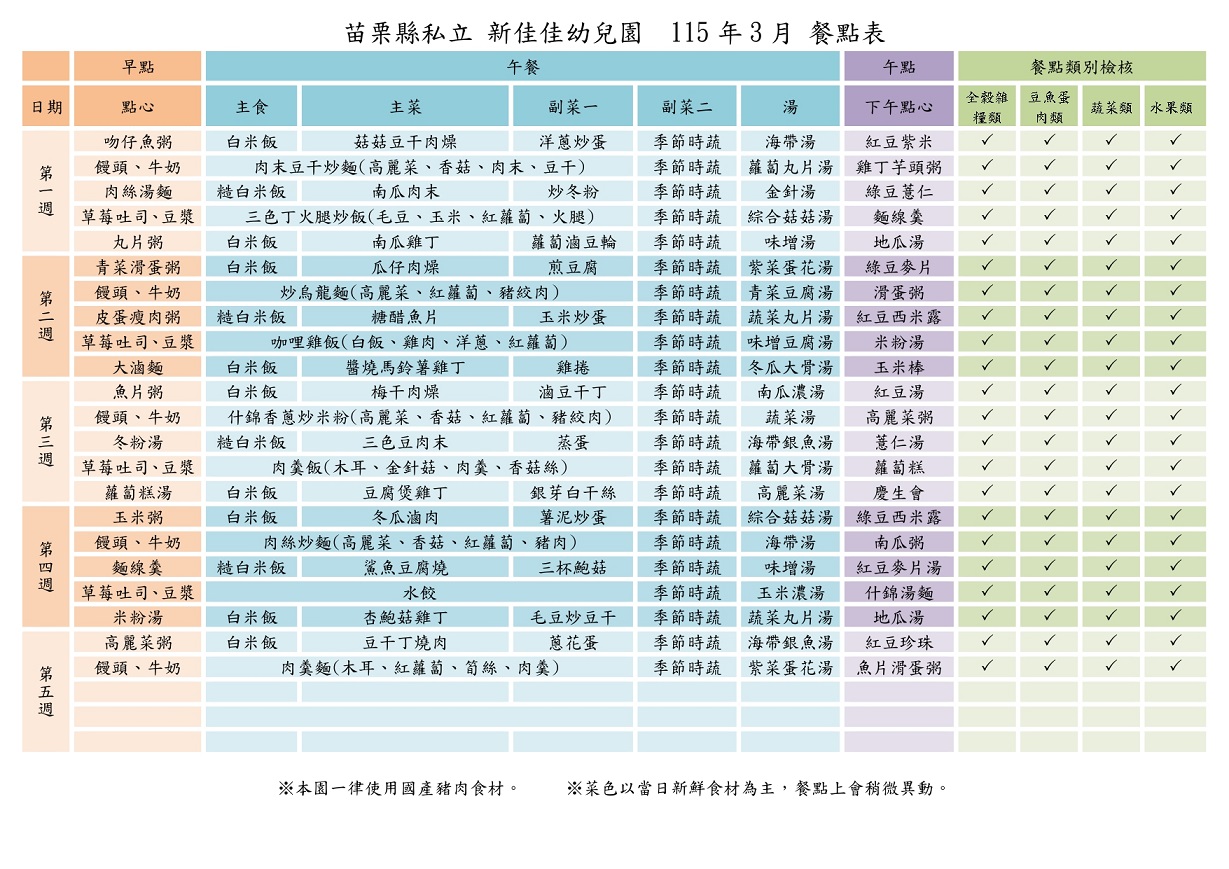 115年3月份餐點表