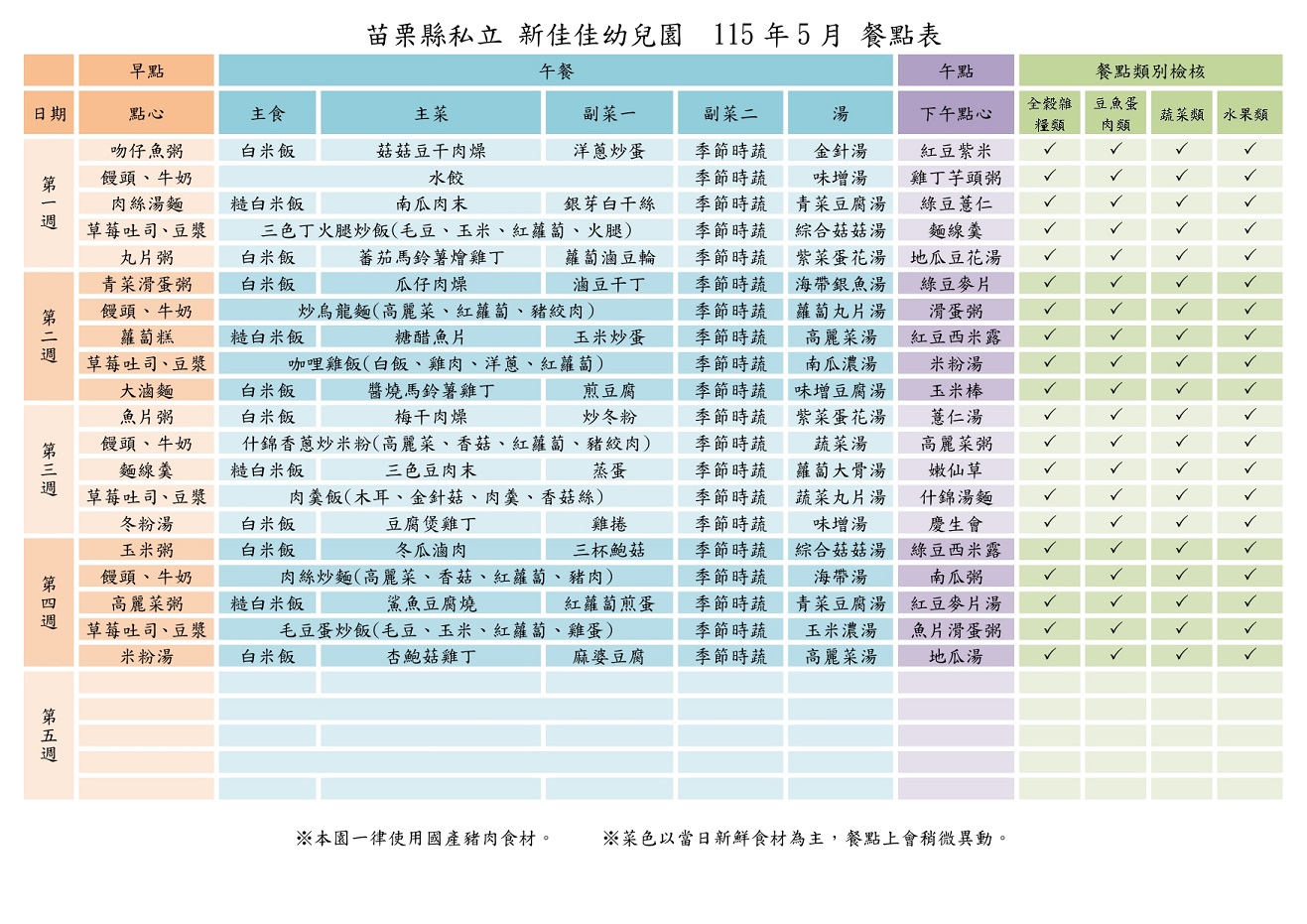 115年5月份餐點表